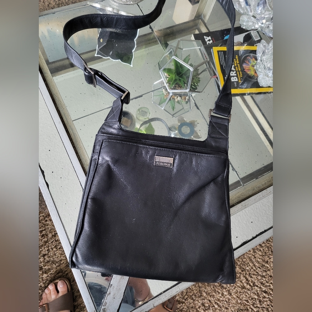 Perlina Crossbody Bag Black Leather Chunky Silver Hardware Chic Adjustable